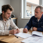 Ein junger Auszubildender in verschmutzter Malerarbeitskleidung sitzt mit gesenktem Blick an einem Holztisch in einem Malerbetrieb. Ihm gegenüber sitzt ein erfahrener Meister in Arbeitskleidung, der ihn ernst, aber ruhig ansieht. Vor ihnen auf dem Tisch liegen ein Ausbildungsvertrag und ein Kalender mit rot markierten Fehltagen. Die Atmosphäre wirkt ernst und klärend.