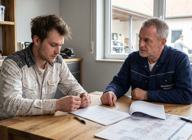 Ein junger Auszubildender in verschmutzter Malerarbeitskleidung sitzt mit gesenktem Blick an einem Holztisch in einem Malerbetrieb. Ihm gegenüber sitzt ein erfahrener Meister in Arbeitskleidung, der ihn ernst, aber ruhig ansieht. Vor ihnen auf dem Tisch liegen ein Ausbildungsvertrag und ein Kalender mit rot markierten Fehltagen. Die Atmosphäre wirkt ernst und klärend.